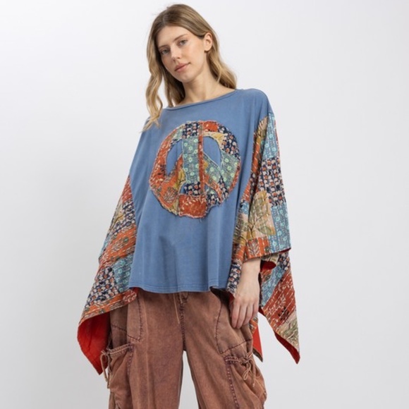 Boho Floral Print Peace Kantha Patchwork Poncho Top - Picture 2 of 7